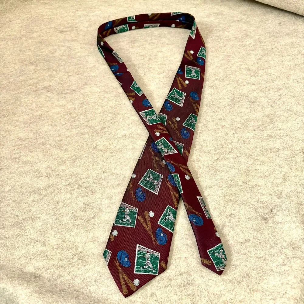 Vintage Robert Talbott silk necktie burgundy baseball novelty sports graphic USA